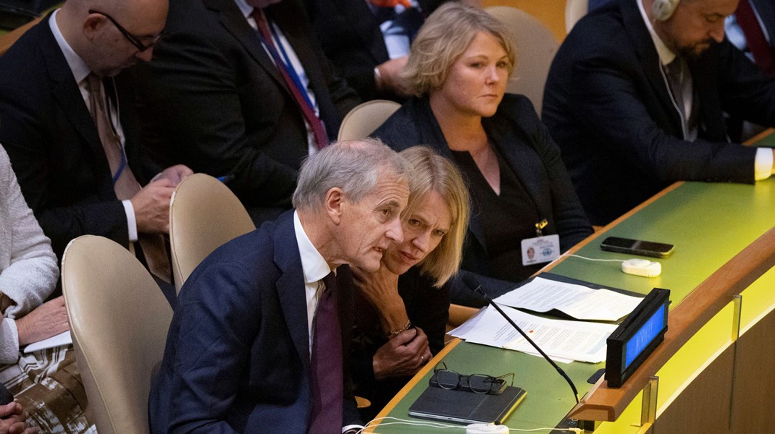 Statsminister Jonas Gahr Støre (Ap), utenriksminister Anniken Huitfeldt (Ap) og utviklingsminister Anne Beathe Tvinnereim (Sp) under åpningen av FNs hovedforsamling 19. september 2023.&nbsp;