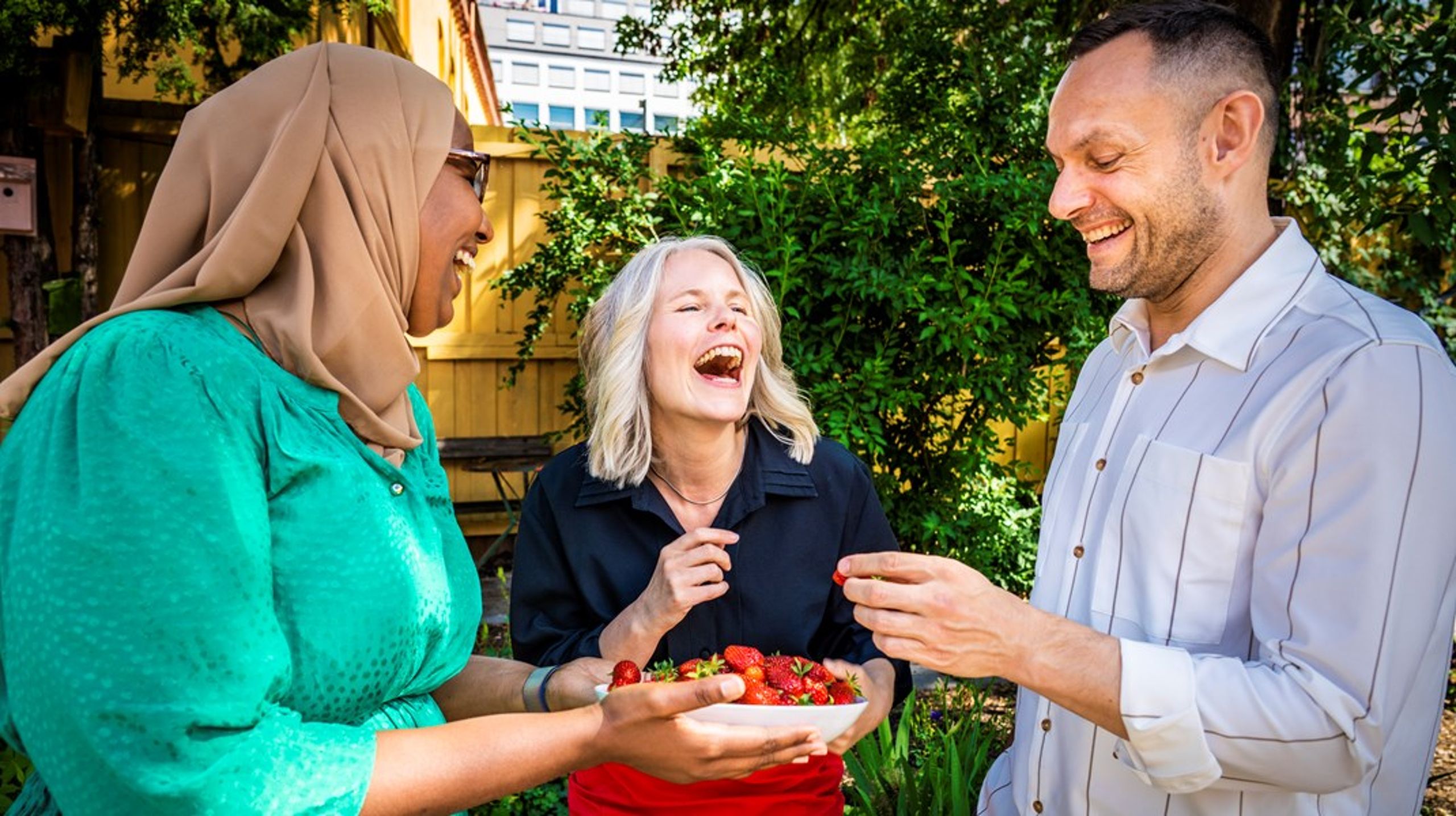 JORDBÆR TIL FOLKET: Både Ap, Sp, Venstre, MDG og SV inviterer til oppsummerende pressekonferanser denne uka. En uformell gjennomgang av NTB-bildene fra tilsvarende hendelser i fjor viser at SV-ledelsen var de eneste som klarte å få pressekonferansens jordbærutvalg fanget på bilde.&nbsp;