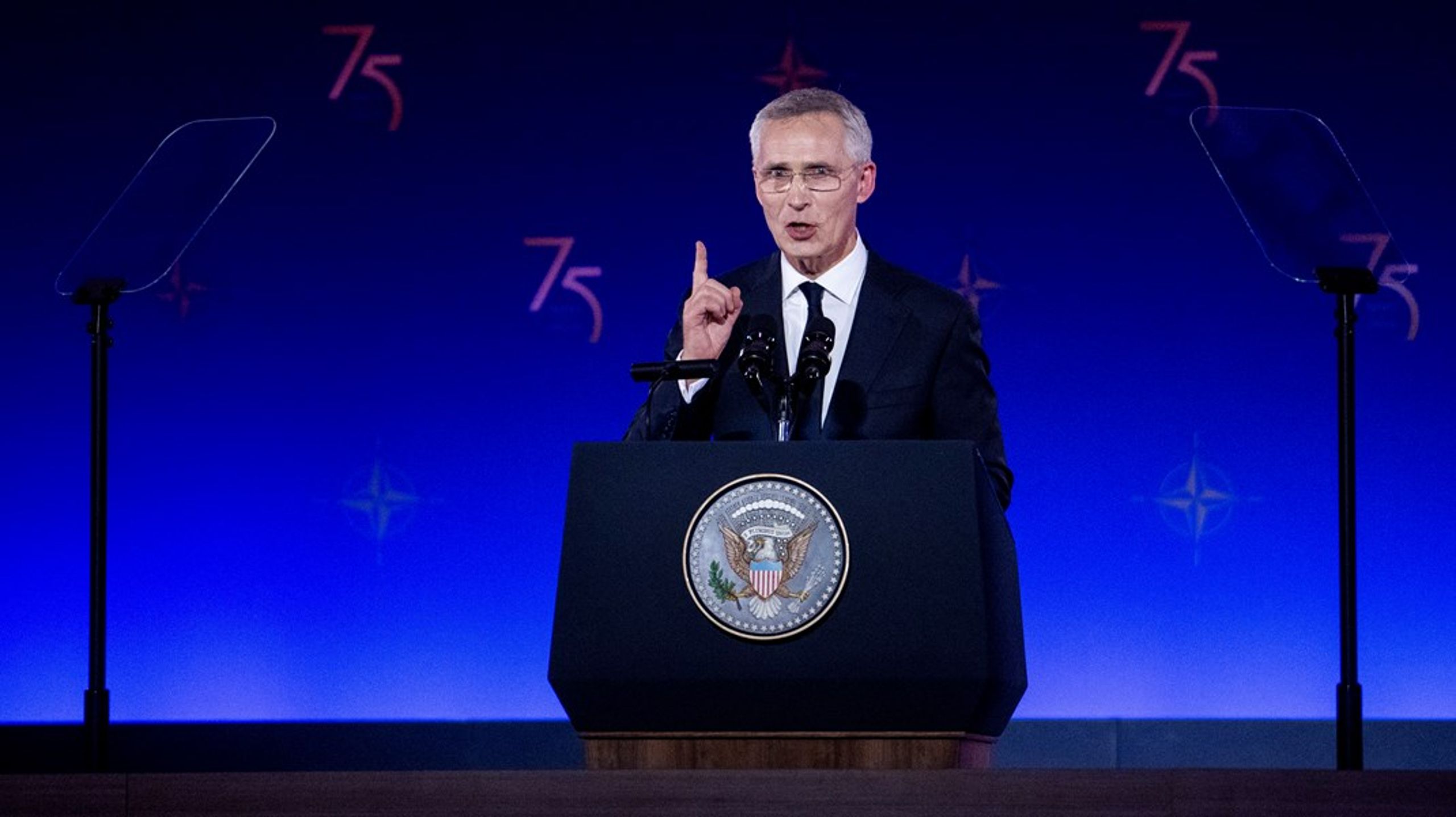 Nato-sjef Jens Stoltenberg talte i forbindelse med alliansens 75-årsjubileum i Washington.