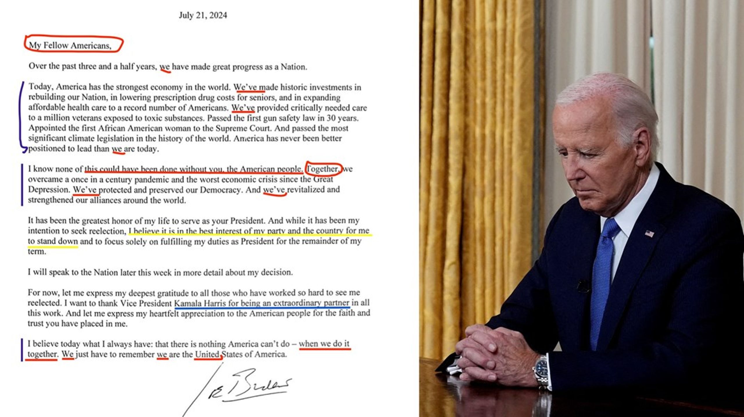 Joe Biden delte sitt avskjedsbrev med det amerikanske folk via X på søndag ettermiddag og holdt en utdypende tale onsdag kveld.&nbsp;– Biden bygger opp et felles vi i brevet og talen, sier retorikk-professor Jens E. Kjeldsen.&nbsp;