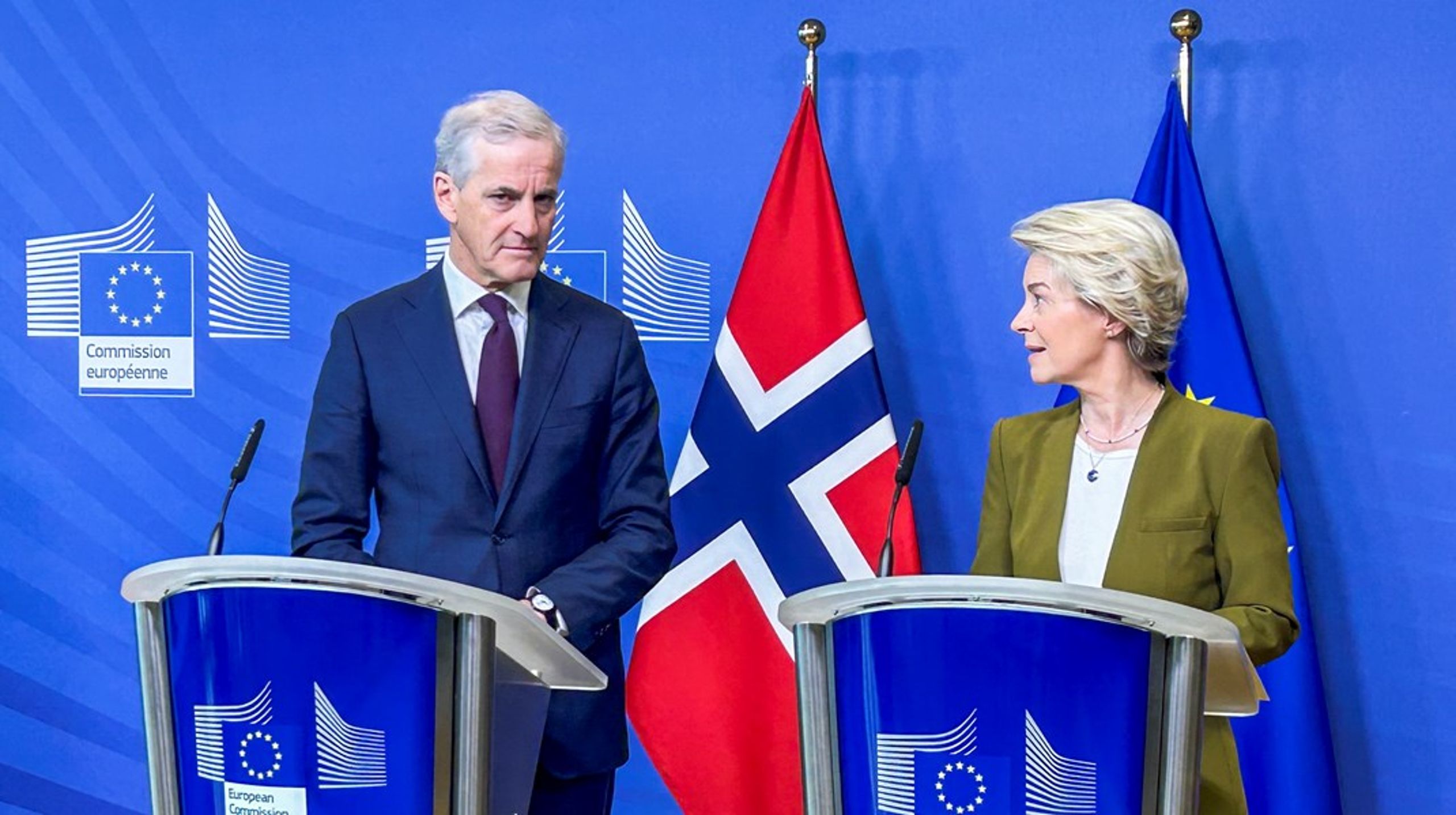 Jonas Gahr Støre sier Norge jobber med fornybardirektivet, men har ikke en frist for implementering. Her med Ursula von der Leyen i 2023.