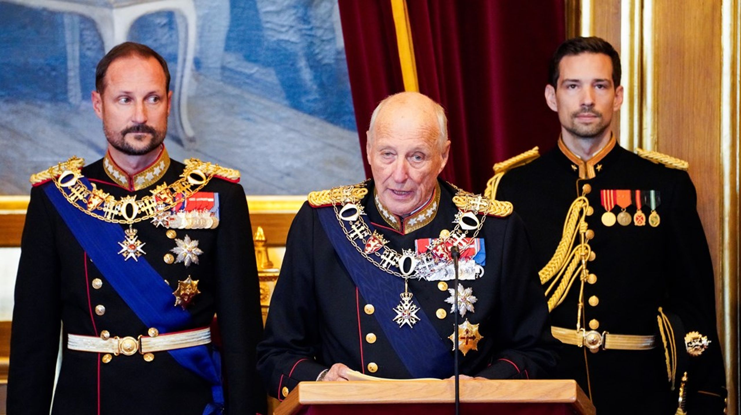 TRONTALE: Kong Harald, dronning Sonja og kronprins Haakon var onsdag til stede under åpningen av Stortinget.&nbsp;