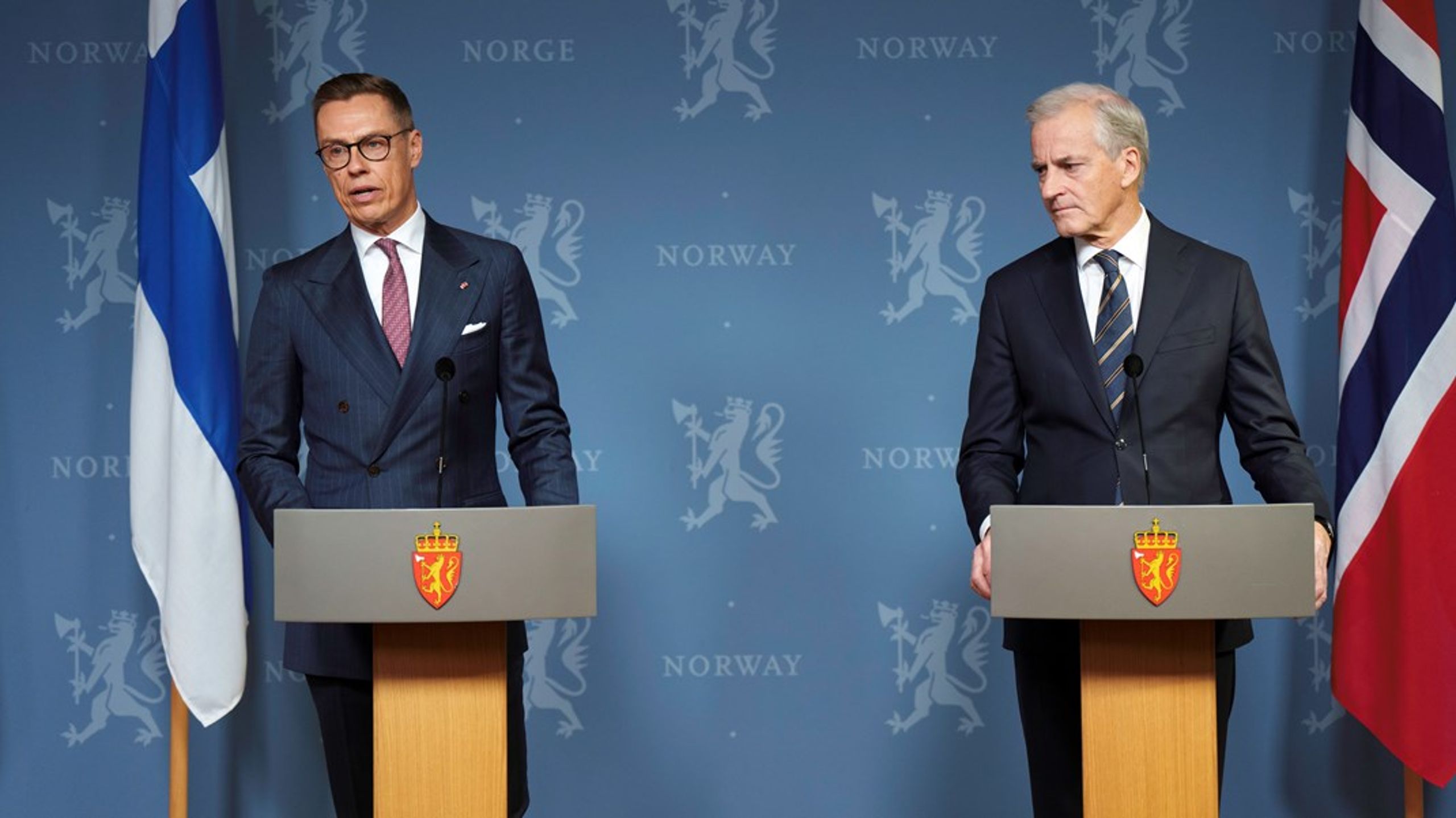 Finland-president Alexander Stubb og statsminister Jonas Gahr Støre (Ap) avholdt pressekonferanse sammen.